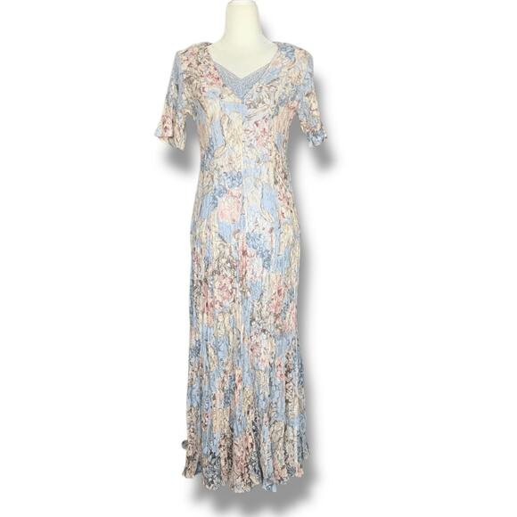 Vintage 90s Crinkle Lace Panels Maxi Dress Medium Pastel Blue Floral Pattern - Picture 9 of 9